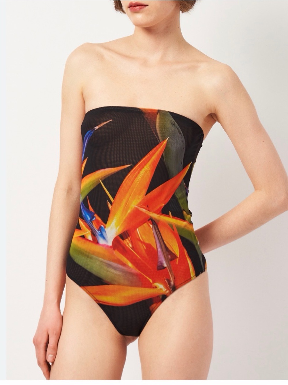 Zara Strapless Black Mesh Bodysuit Featuring a Vibrant Tropical Orange Size L